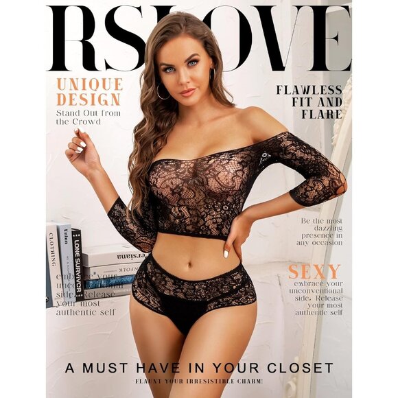 🆕Women Black Mesh Fishnet  Baby doll Bodysuit See Through Long Sleeve Lingerie - Picture 2 of 5